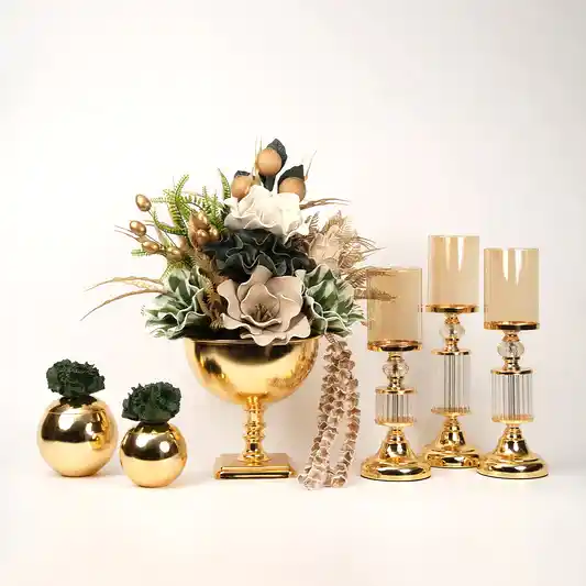 Yapay Çiçekli Kare Ayaklı Gold Şamdanlı Set No:2