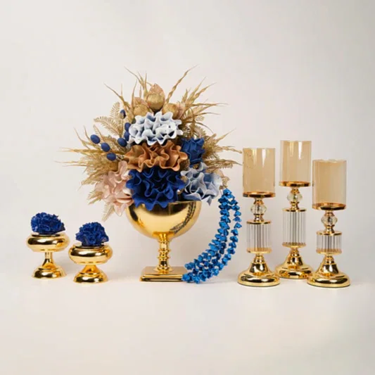 Yapay Çiçekli Kare Ayaklı Gold Şamdanlı Set No:3