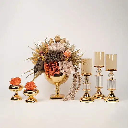 Yapay Çiçekli Kare Ayaklı Gold Şamdanlı Set No:4