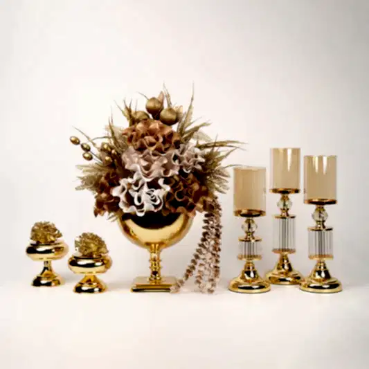 Yapay Çiçekli Kare Ayaklı Gold Şamdanlı Set No:5