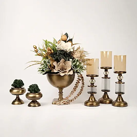 Yapay Çiçekli Kare Ayaklı Antik Şamdanlı Set No:1