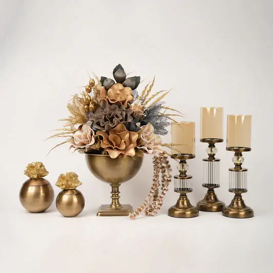 Yapay Çiçekli Kare Ayaklı Antik Şamdanlı Set No:2
