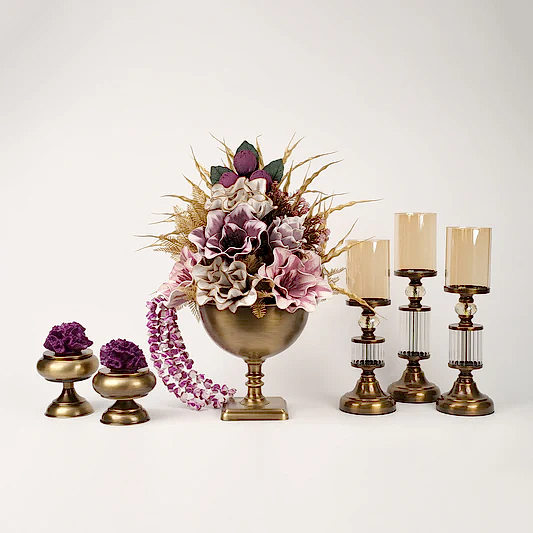 Yapay Çiçekli Kare Ayaklı Antik Şamdanlı Set No:3