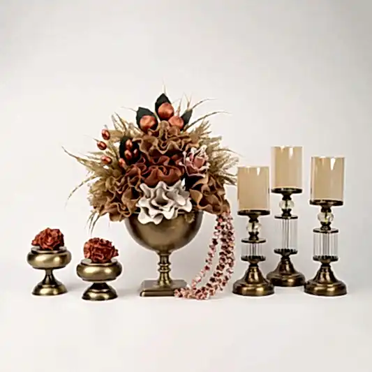 Yapay Çiçekli Kare Ayaklı Antik Şamdanlı Set No:4