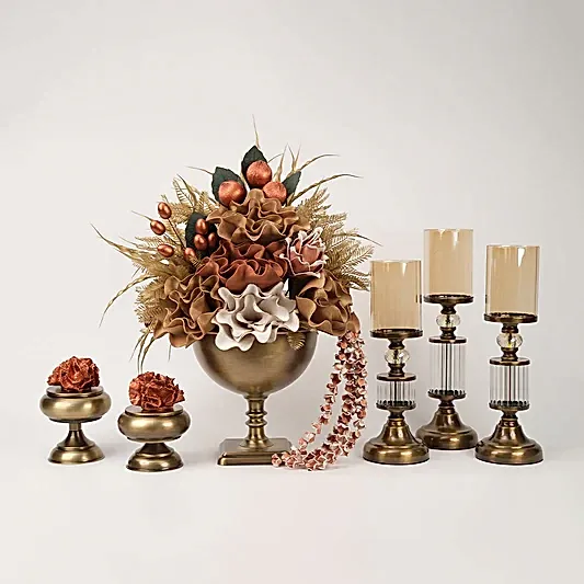Yapay Çiçekli Kare Ayaklı Antik Şamdanlı Set No:5
