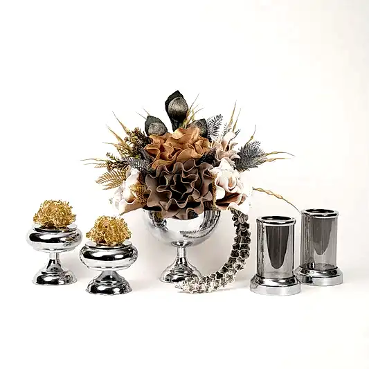 Yapay Çiçekli Gümüş Kupa 5 Parça Set No:2