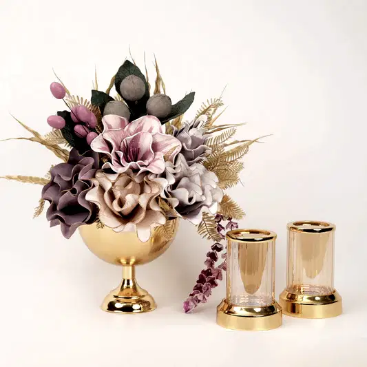 Yapay Çiçekli Gold Kupa 3 Parça Set No:1