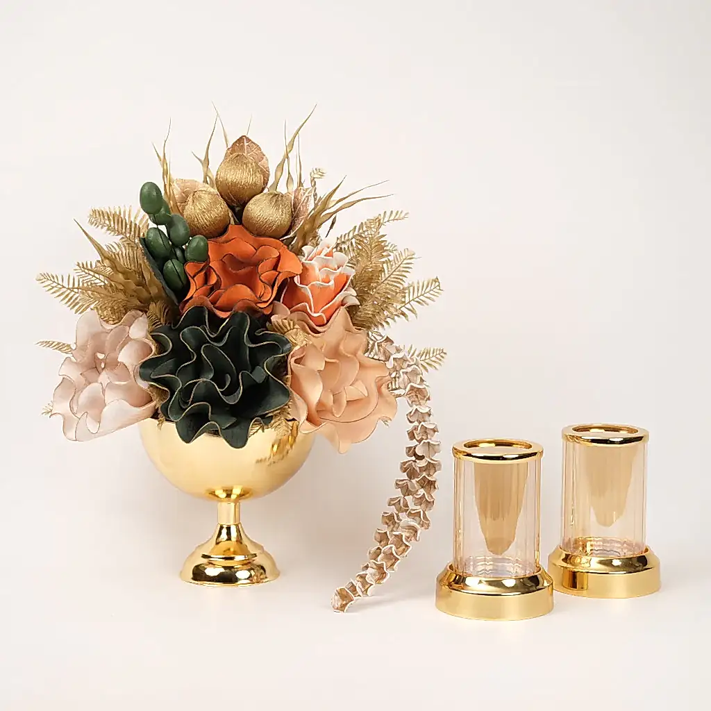 Yapay Çiçekli Gold Kupa 3 Parça Set No:2
