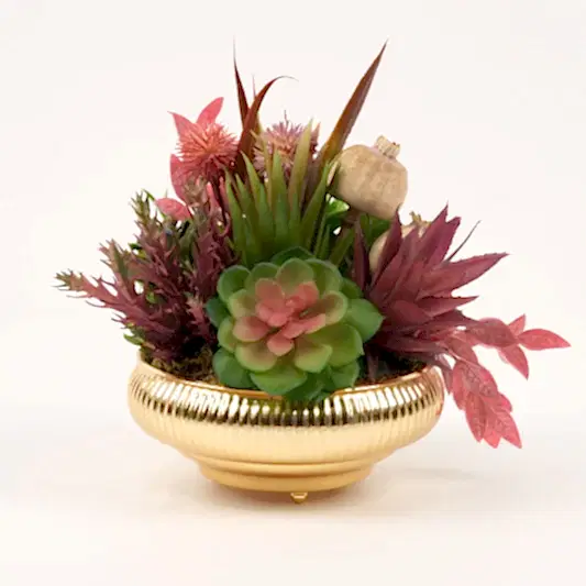 Yapay Sukulentli Gold Çizgili Küçük Vazo No:1