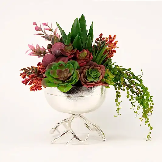 Yapay Sukulentli Ayaklı Gümüş Döküm Vazo