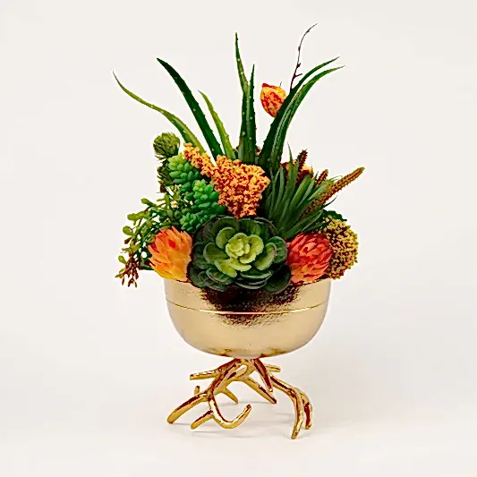 Yapay Sukulentli Ayaklı Gold Döküm Vazo
