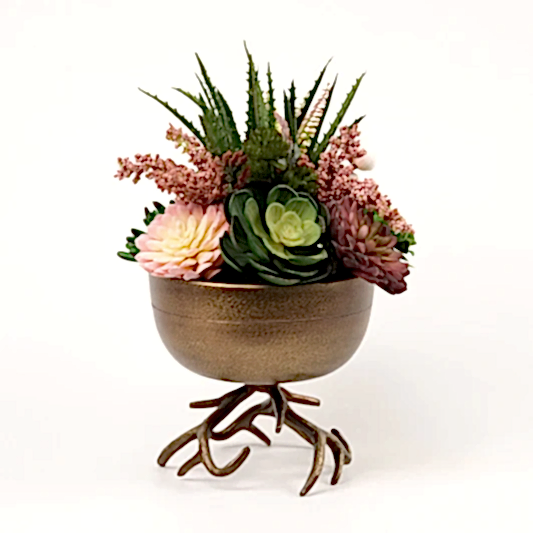 Yapay Sukulentli Ayaklı Antik Döküm Vazo