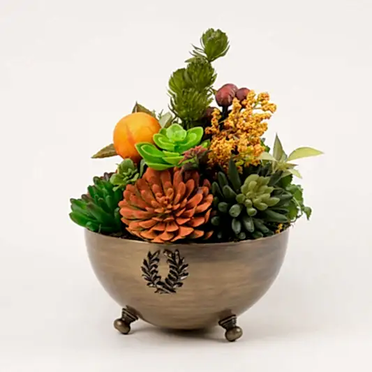 Yapay Sukulentli Antik Armalı Vazo