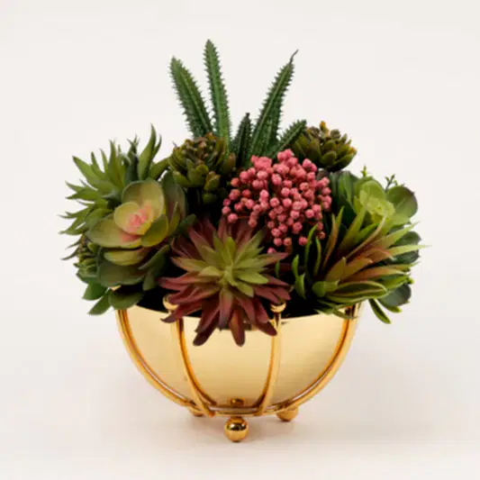 Yapay Sukulentli Gold Düğmeli Vazo