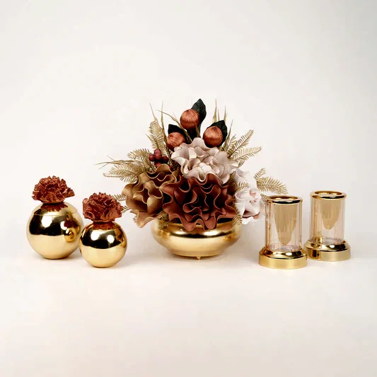 Yapay Çiçekli Gold Yassı 5 Parça Set No:3