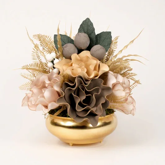 Yapay Çiçekli Gold Yassı Vazo No:1