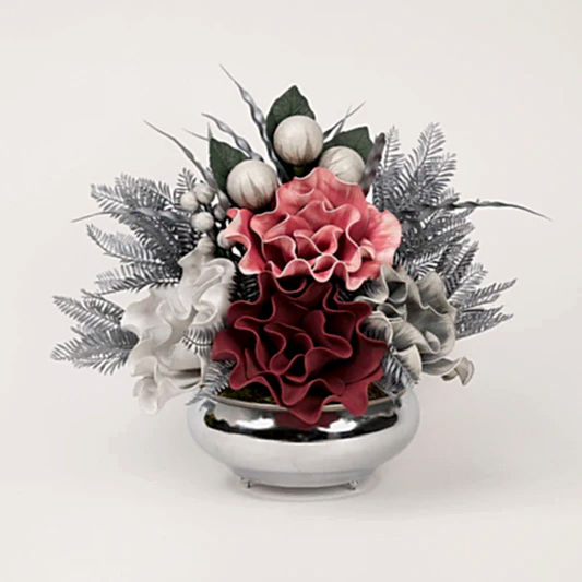 Yapay Çiçekli Gümüş Yassı Vazo No:3