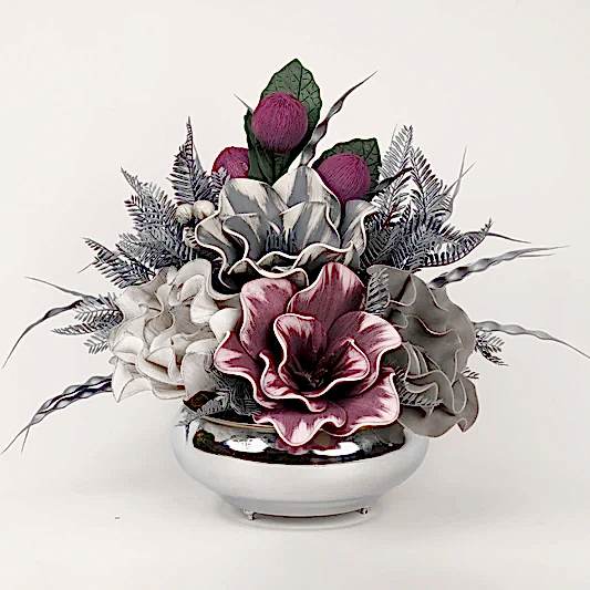 Yapay Çiçekli Gümüş Yassı Vazo No:4