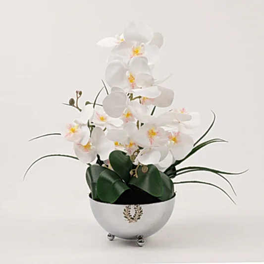 Yapay Orkideli Armalı Gümüş Vazo