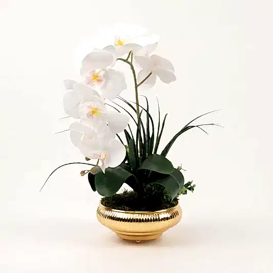 Yapay Orkideli Çizgili Gold Vazo