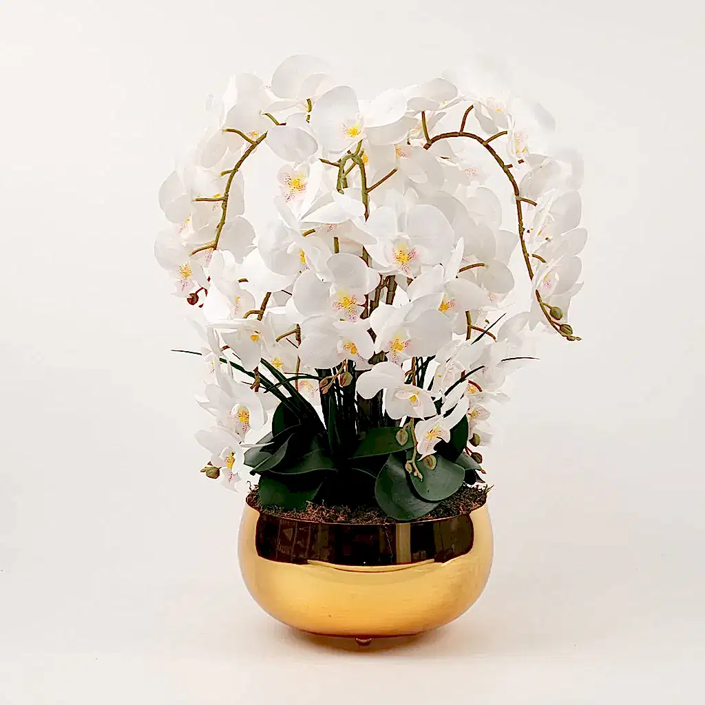 Yapay Orkideli Büyük Gold Çanak Vazo