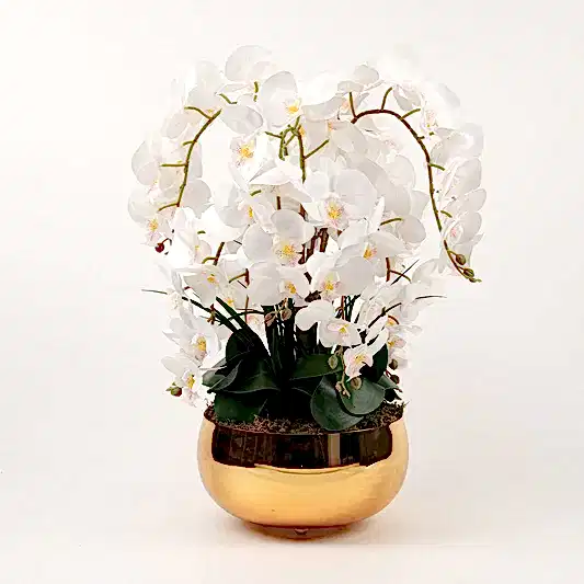 Yapay Orkideli Büyük Gold Çanak Vazo