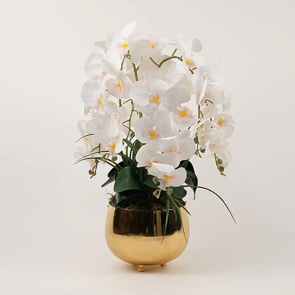 Yapay Orkideli Küçük Gold Çanak Vazo