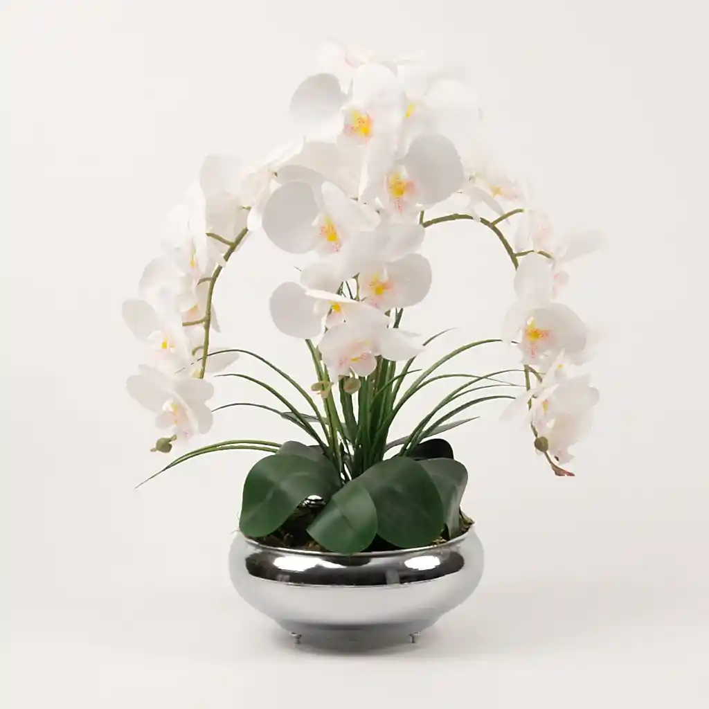 Yapay Islak Orkideli Gümüş Yassı Vazo