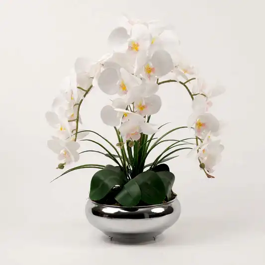 Yapay Islak Orkideli Gümüş Yassı Vazo