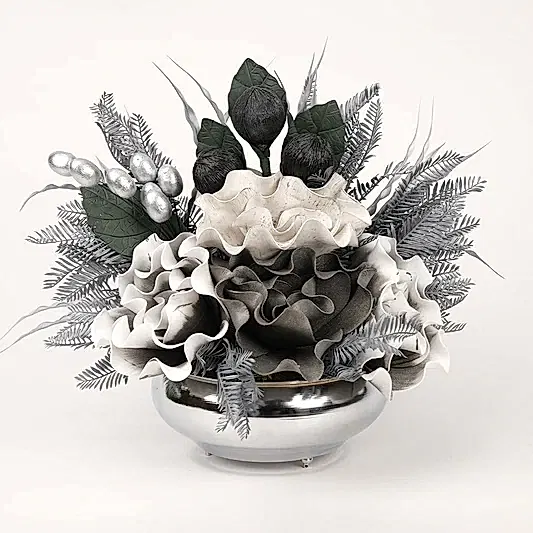 Yapay Çiçekli Gümüş Yassı Vazo No:1