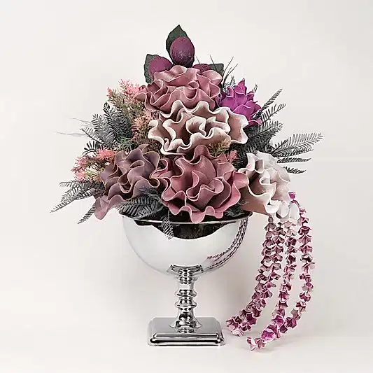 Yapay Çiçekli Kare Ayaklı Gümüş Vazo No:5