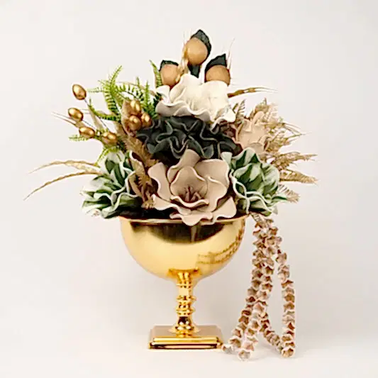Yapay Çiçekli Kare Ayaklı Gold Vazo No:2