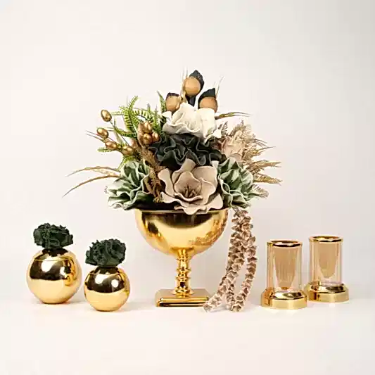 Yapay Çiçekli Kare Ayaklı Gold 5 Parça Set No:2
