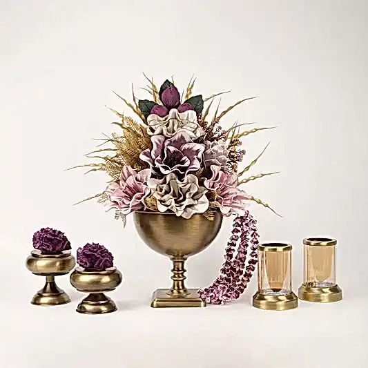Yapay Çiçekli Kare Ayaklı Antik 5 Parça Set No:3