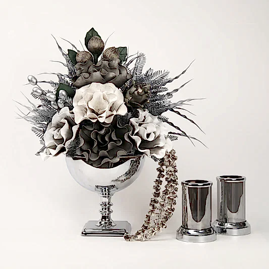 Yapay Çiçekli Kare Ayaklı Gümüş 3 Parça Set No:2