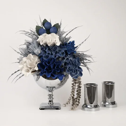 Yapay Çiçekli Kare Ayaklı Gümüş 3 Parça Set No:3