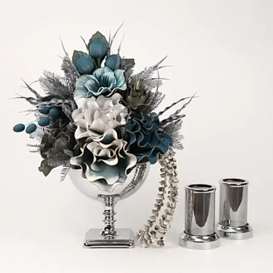 Yapay Çiçekli Kare Ayaklı Gümüş 3 Parça Set No:4