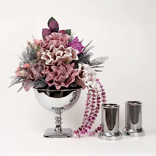 Yapay Çiçekli Kare Ayaklı Gümüş 3 Parça Set No:5