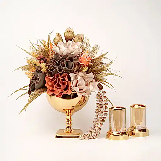 Yapay Çiçekli Kare Ayaklı Gold 3 Parça Set No:3