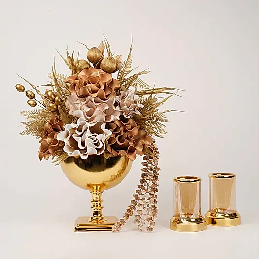 Yapay Çiçekli Kare Ayaklı Gold 3 Parça Set No:4