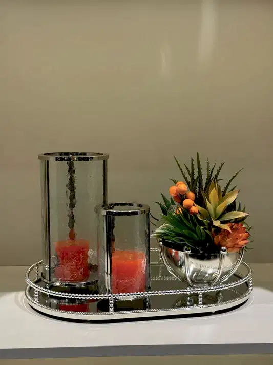 Gümüş İkili Mumluk Sukulentli Vazo ve Tepsili Set