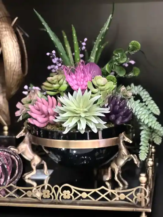 Yapay Sukulentli Pirinç Atlı Vazo