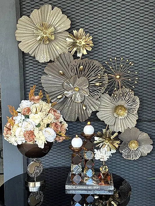 İthal Metal Tablo Çiçek Motif Vizon Gold