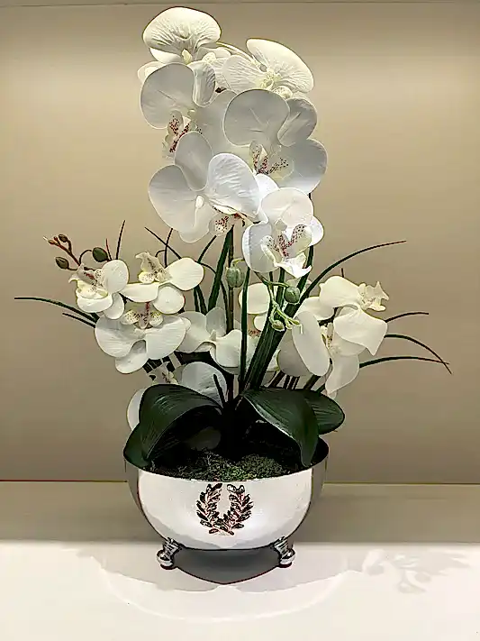 Yapay Orkideli Armalı Gümüş Vazo
