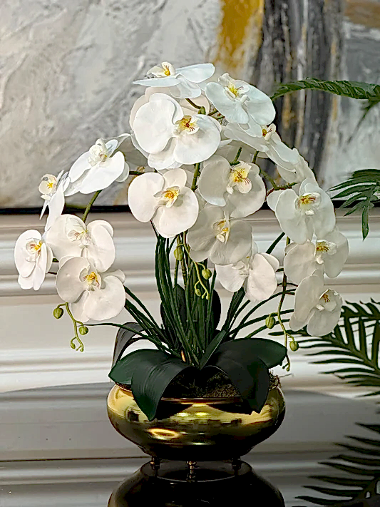 Yapay Islak Orkideli Gold Yassı Vazo Kampanyalı