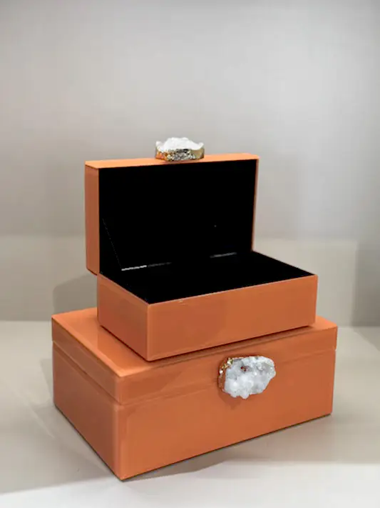 İkili Dekoratif Cam Kutu No:6 Turuncu Doğal Taşlı