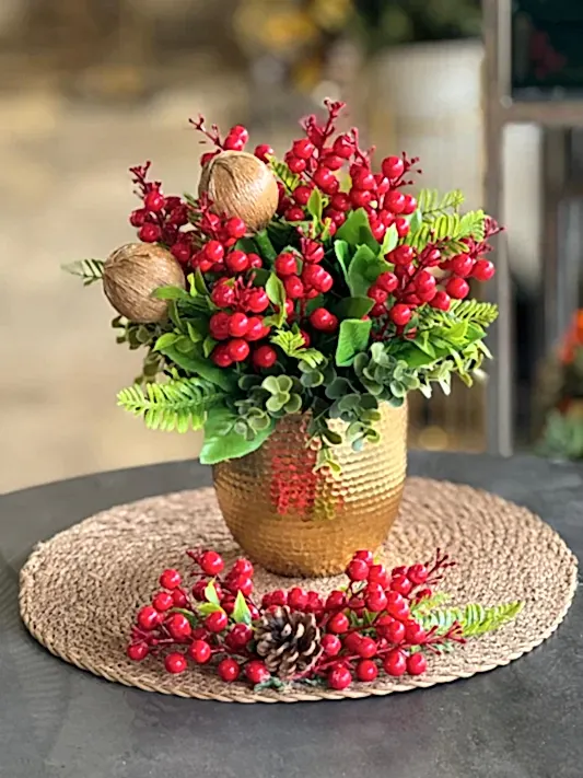 Yapay Kırmızı Kokinalı Dövme Gold Vazo + Supla