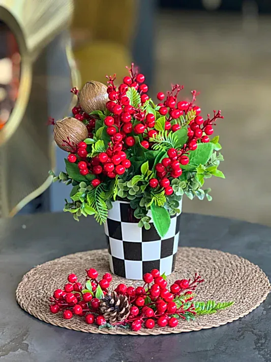 Yapay Kırmızı Kokinalı Damalı Vazo + Supla