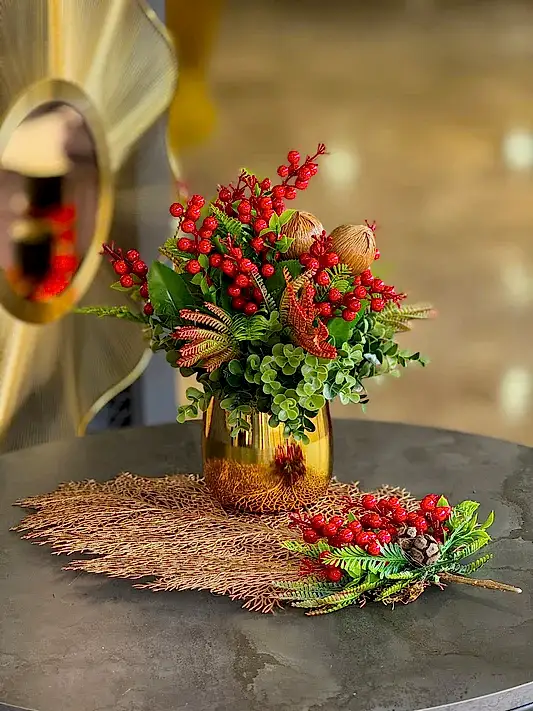 Yapay Kırmızı Kokinalı Gold Vazo + Yaprak Supla