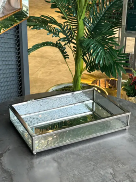 Gümüş Cam Kenarlı Dikdörtgen Tepsi